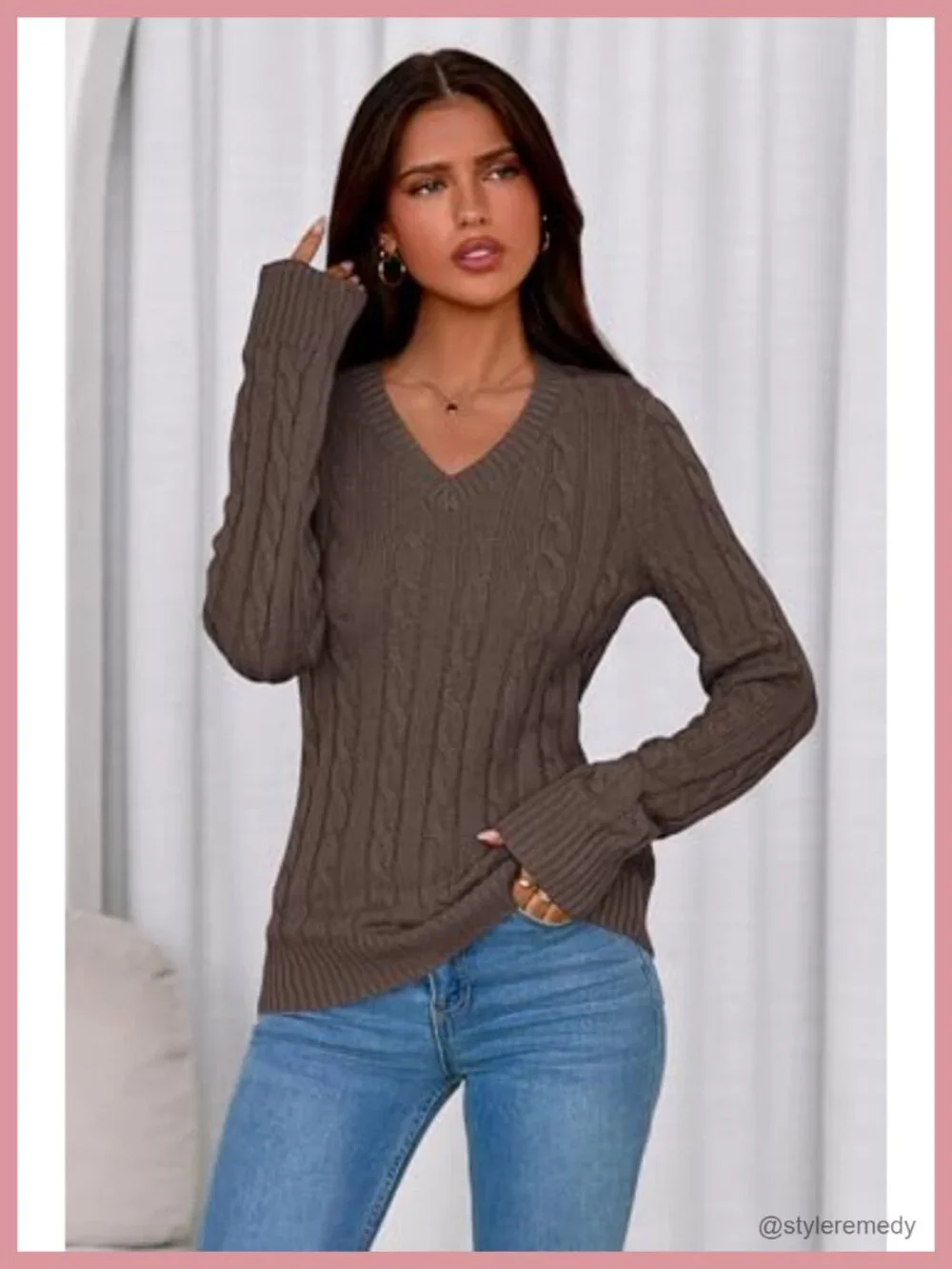 PRETTYGARDEN Cable Knit Sweater for Women V-Neck Long Sleeve Slim Fit Pullover